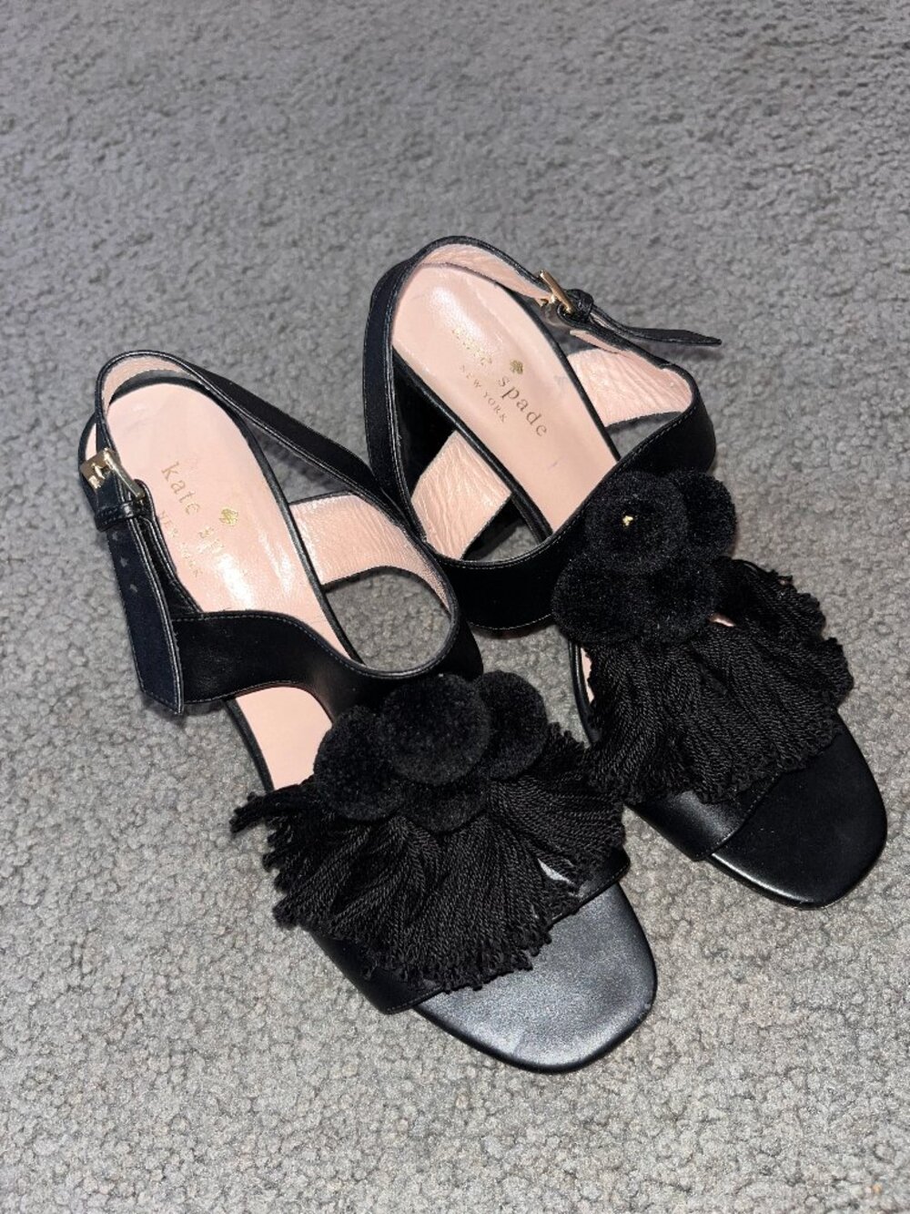 KATE SPADE "CENTROL TOO" BLACK LEATHER POM POM & TASSEL SLINGBACK SANDALS- 7.5 M